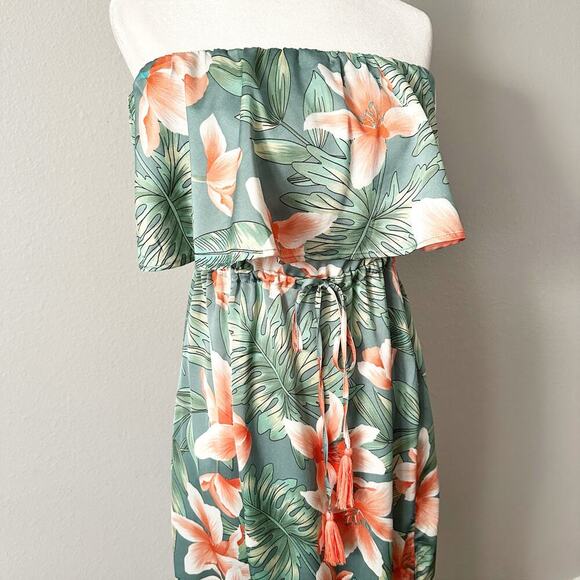 Akira Strapless Green Tropical Floral Flowy Slit Maxi Dress women’s size medium - Picture 5 of 11